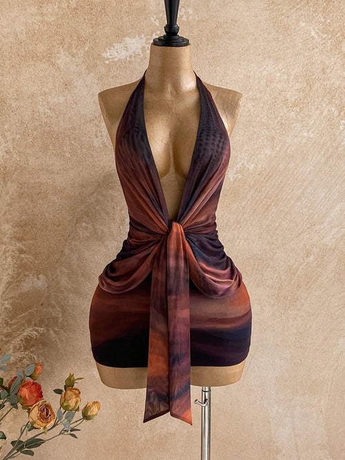 Soleia Dark Purple Summer Seductive Party Club Night Out Draped Neck Gradient Twist Ruched Bodycon Mini Dress, Women's Fall Vintage Sexy Bohemian Holiday