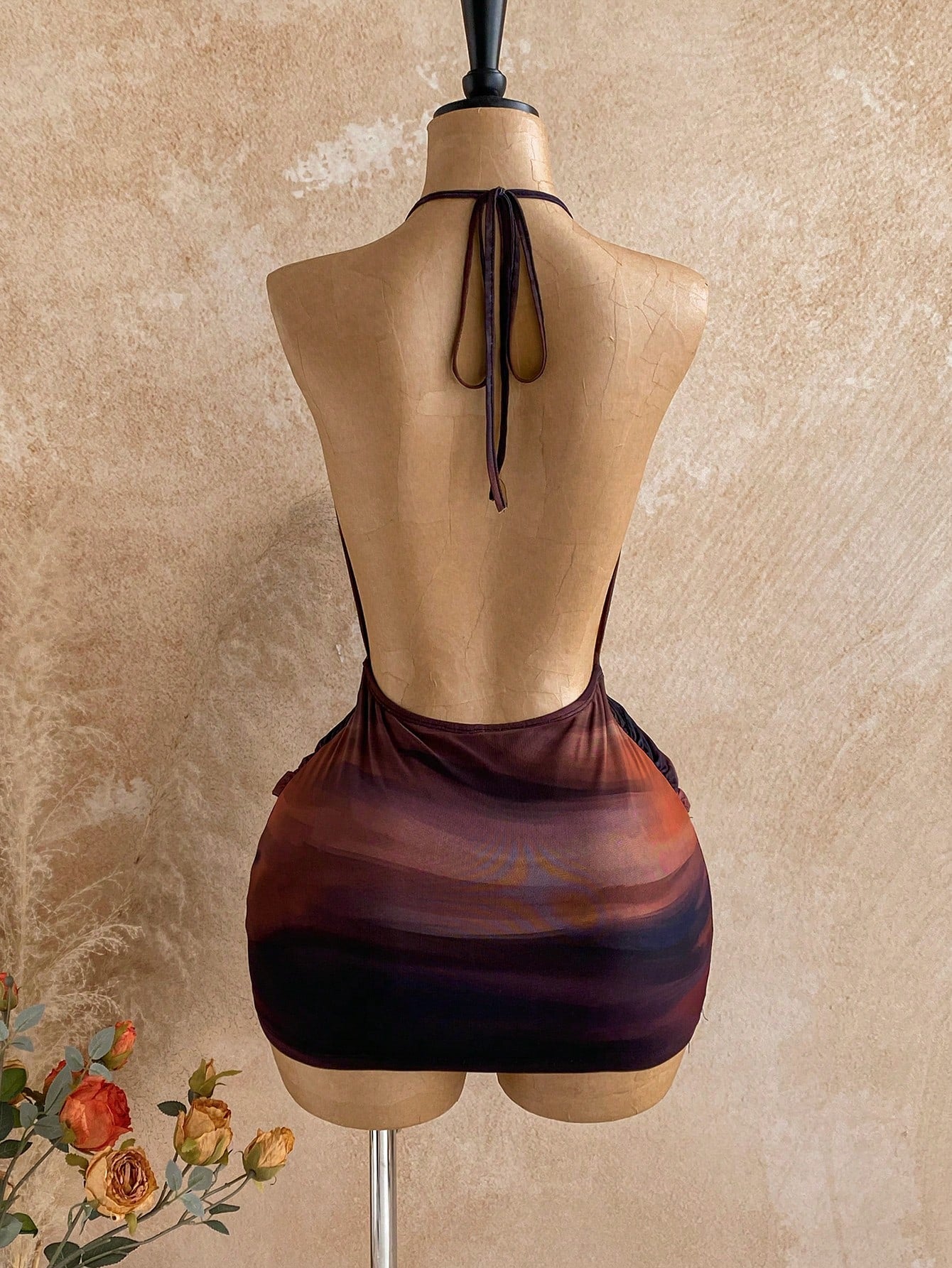 Soleia Dark Purple Summer Seductive Party Club Night Out Draped Neck Gradient Twist Ruched Bodycon Mini Dress, Women's Fall Vintage Sexy Bohemian Holiday
