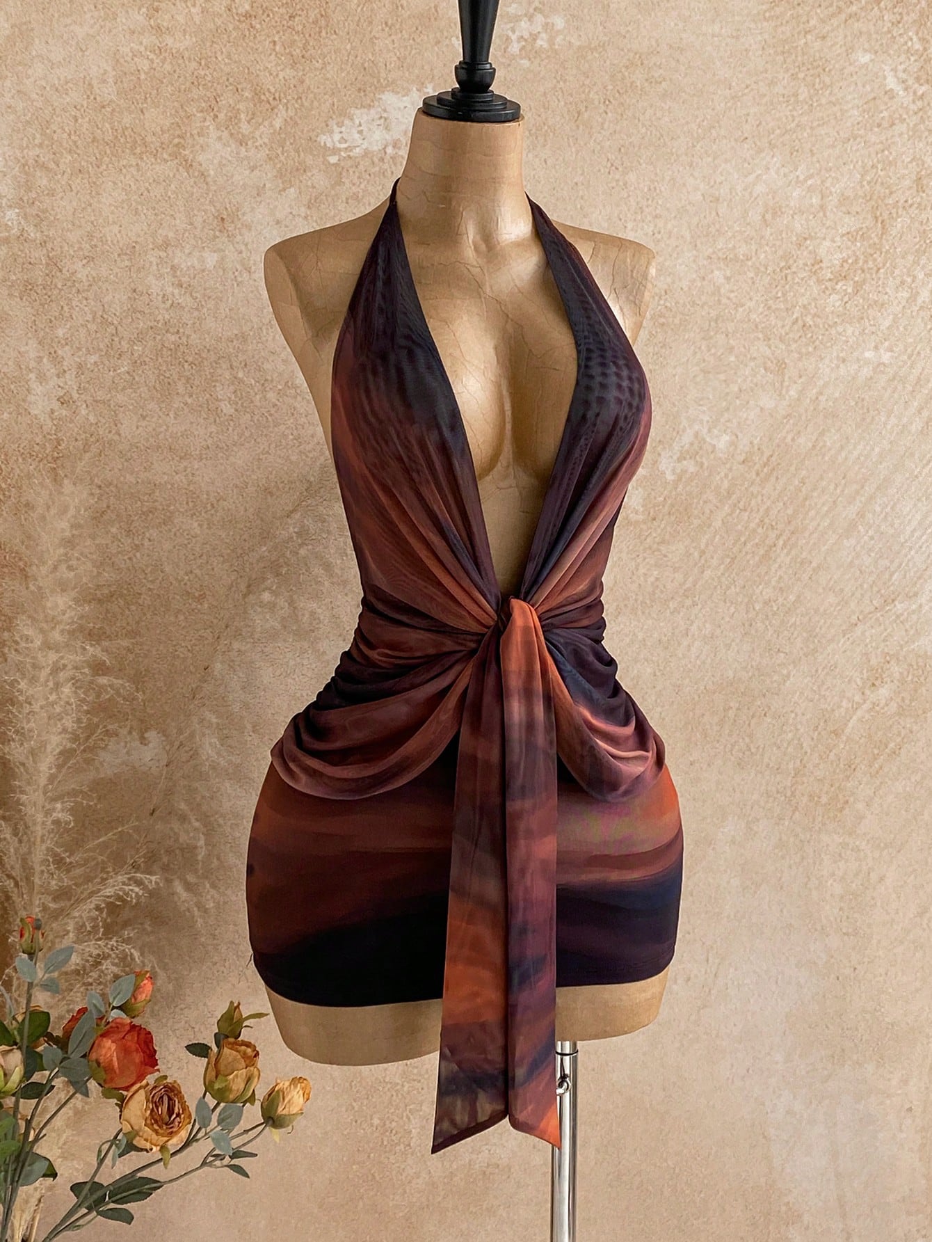 Soleia Dark Purple Summer Seductive Party Club Night Out Draped Neck Gradient Twist Ruched Bodycon Mini Dress, Women's Fall Vintage Sexy Bohemian Holiday