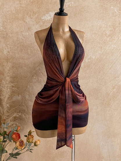 Soleia Dark Purple Summer Seductive Party Club Night Out Draped Neck Gradient Twist Ruched Bodycon Mini Dress, Women's Fall Vintage Sexy Bohemian Holiday