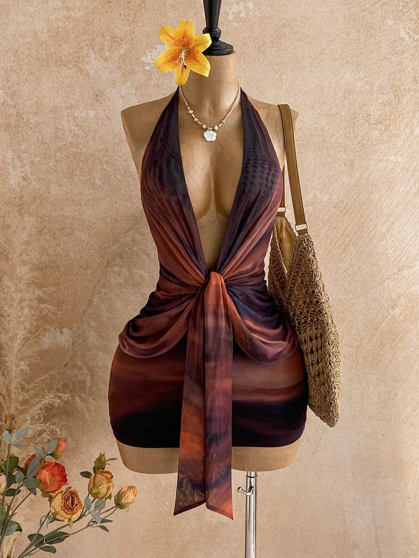Soleia Dark Purple Summer Seductive Party Club Night Out Draped Neck Gradient Twist Ruched Bodycon Mini Dress, Women's Fall Vintage Sexy Bohemian Holiday
