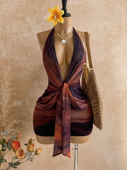 Soleia Dark Purple Summer Seductive Party Club Night Out Draped Neck Gradient Twist Ruched Bodycon Mini Dress, Women's Fall Vintage Sexy Bohemian Holiday