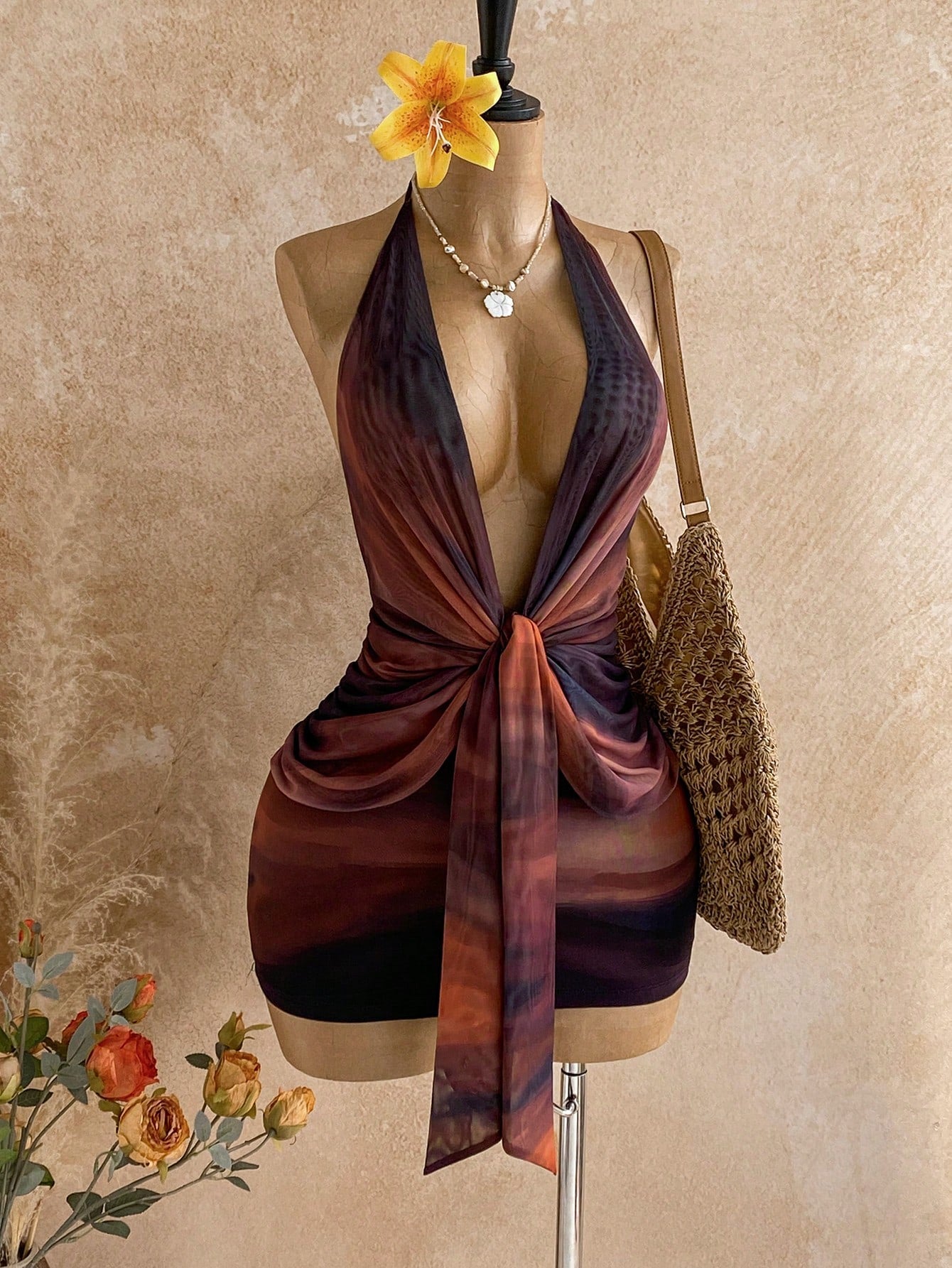 Soleia Dark Purple Summer Seductive Party Club Night Out Draped Neck Gradient Twist Ruched Bodycon Mini Dress, Women's Fall Vintage Sexy Bohemian Holiday