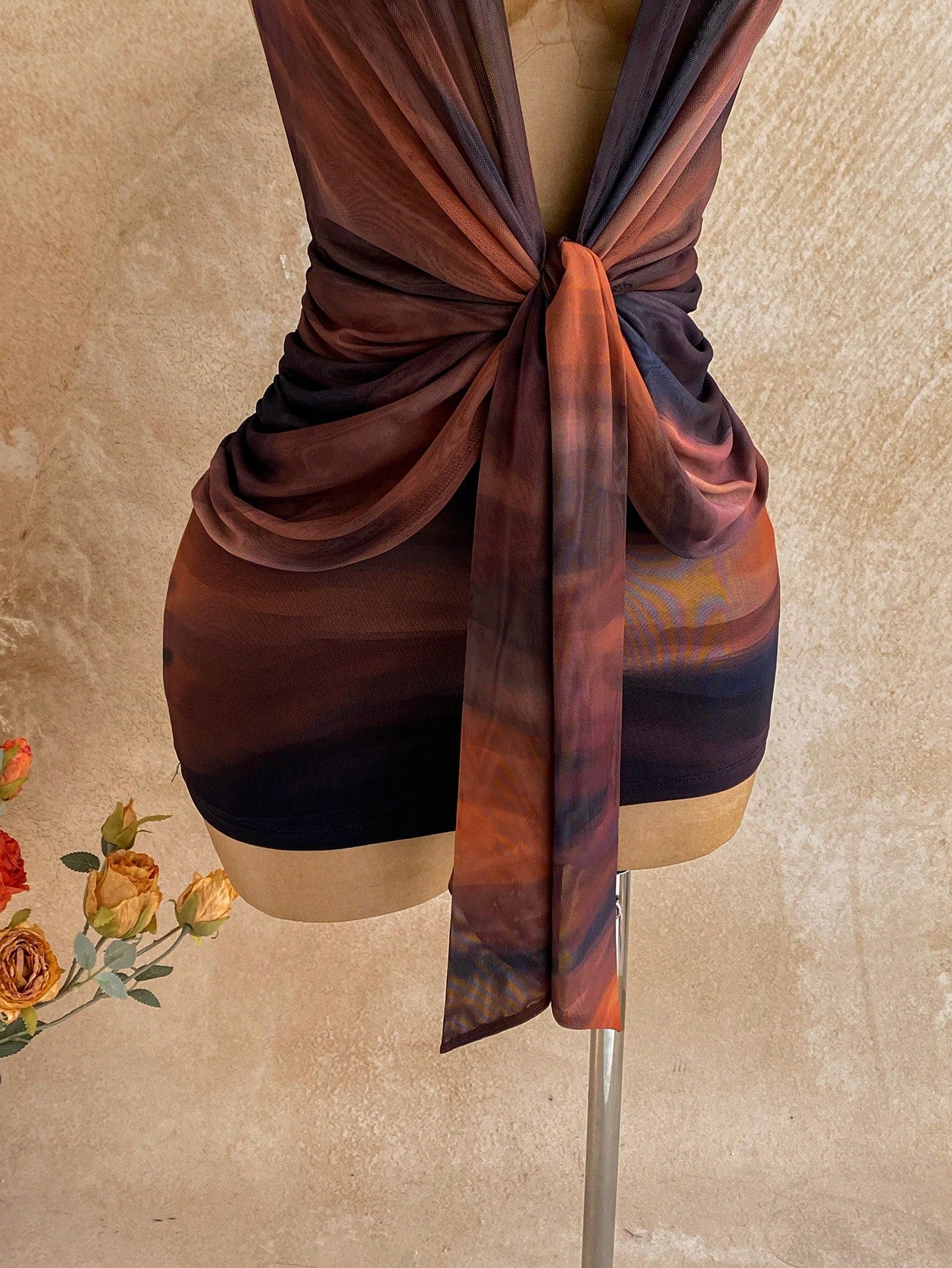 Soleia Dark Purple Summer Seductive Party Club Night Out Draped Neck Gradient Twist Ruched Bodycon Mini Dress, Women's Fall Vintage Sexy Bohemian Holiday