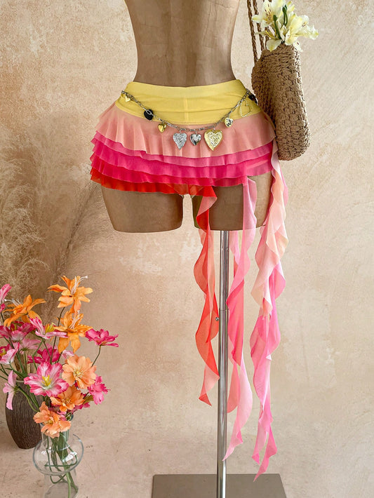 Soleia New Elegant Y2k Sexy Sweet Red And Yellow Solid Color Low Waist Layered Ruffle Asymmetric Hem Skirt, Beach Vacation, Summer, Bohemian, Valentine's Day