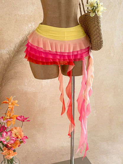 Soleia New Elegant Y2k Sexy Sweet Red And Yellow Solid Color Low Waist Layered Ruffle Asymmetric Hem Skirt, Beach Vacation, Summer, Bohemian, Valentine's Day