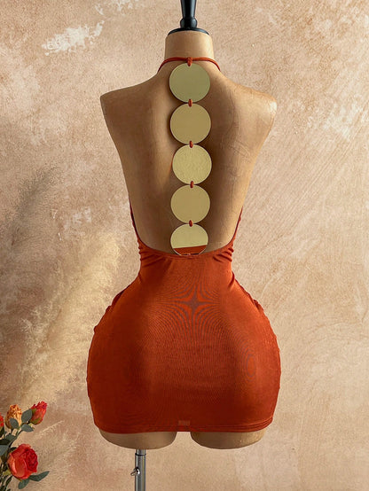 Soleia New Sexy V-Neck Spaghetti Strap Backless Metallic Splice Bodycon Mini Dress, Suitable For Dates, Parties, Bohemian, Boho, Vacation, Vintage, Holiday