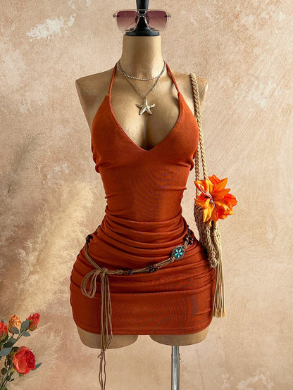 Soleia New Sexy V-Neck Spaghetti Strap Backless Metallic Splice Bodycon Mini Dress, Suitable For Dates, Parties, Bohemian, Boho, Vacation, Vintage, Holiday