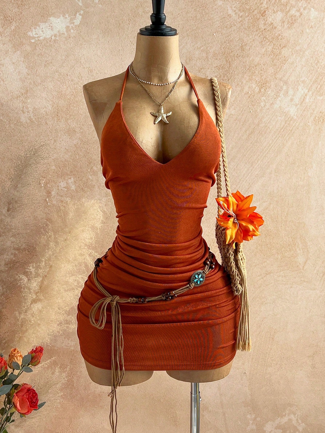 Soleia New Sexy V-Neck Spaghetti Strap Backless Metallic Splice Bodycon Mini Dress, Suitable For Dates, Parties, Bohemian, Boho, Vacation, Vintage, Holiday