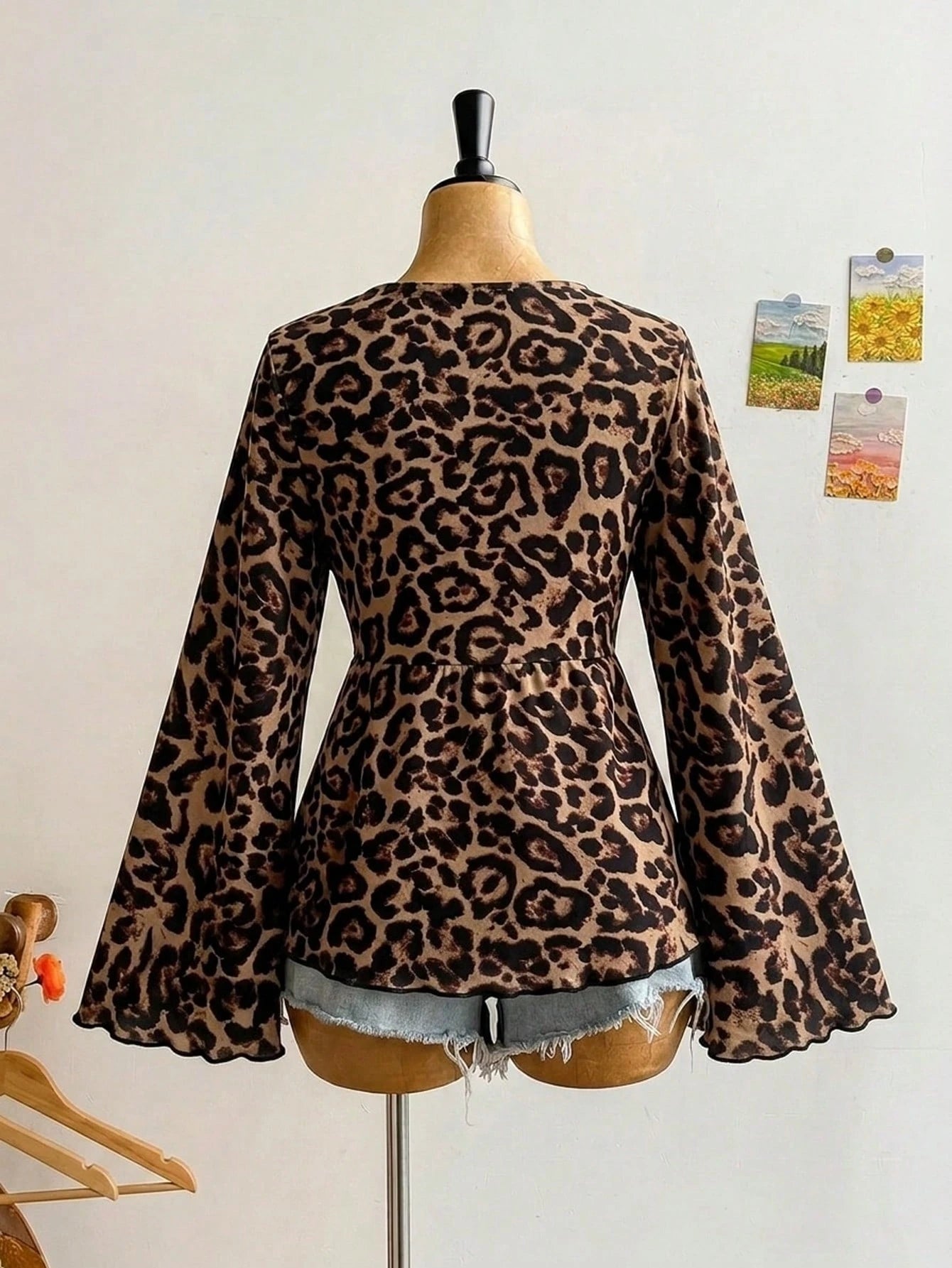 Soleia Plus Size Casual Commuter Leopard Print Flare Sleeve Shirt Night Out Brown Autumn Fall