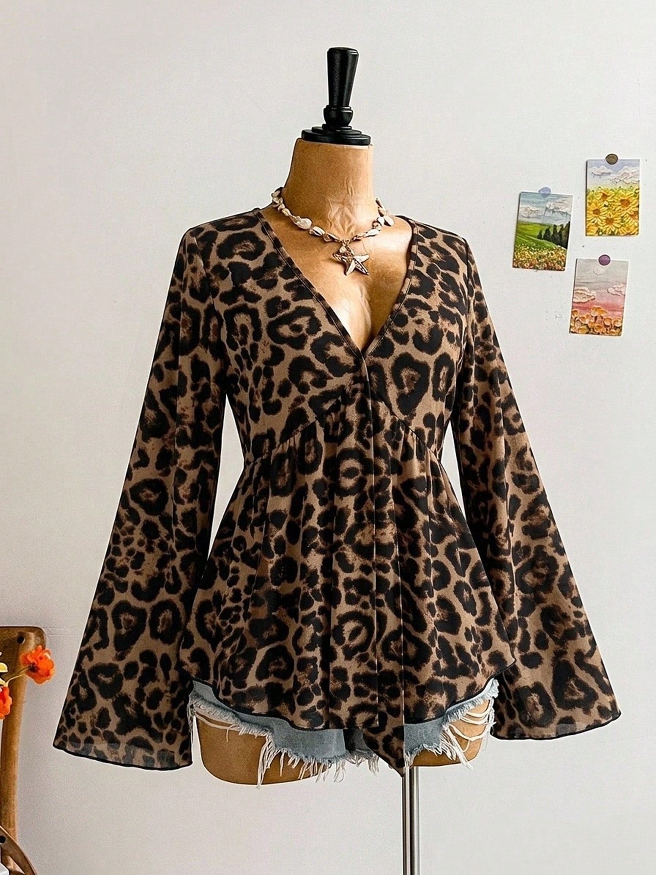 Soleia Plus Size Casual Commuter Leopard Print Flare Sleeve Shirt Night Out Brown Autumn Fall