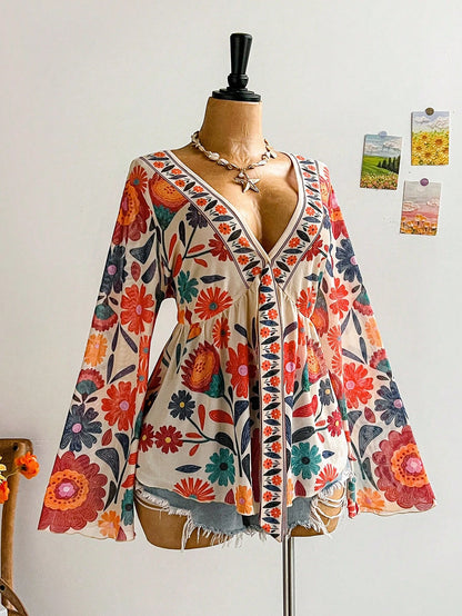 Soleia Plus Size Casual Commuter Leopard Print Flare Sleeve Shirt Night Out Brown Autumn Fall