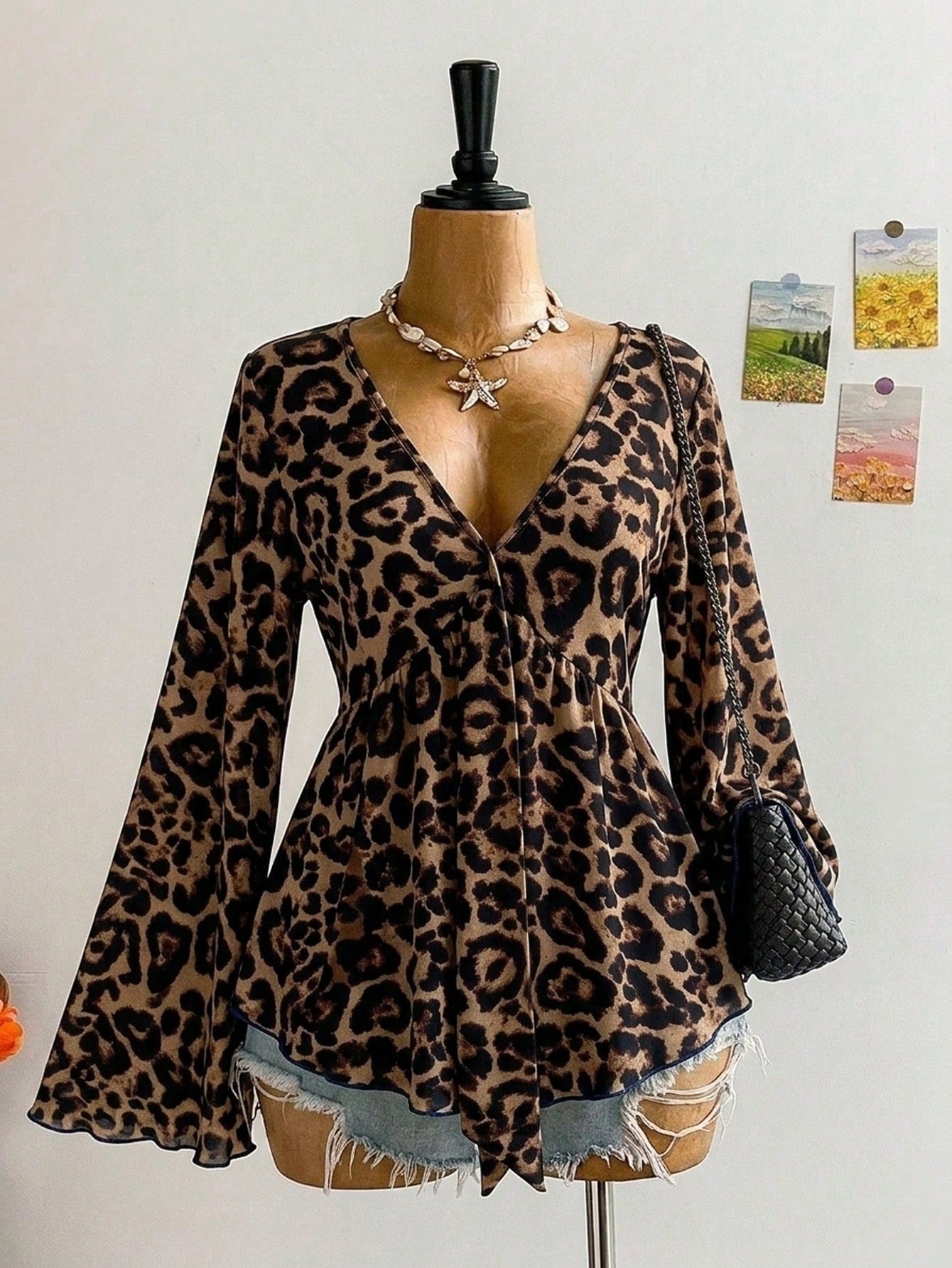 Soleia Plus Size Casual Commuter Leopard Print Flare Sleeve Shirt Night Out Brown Autumn Fall