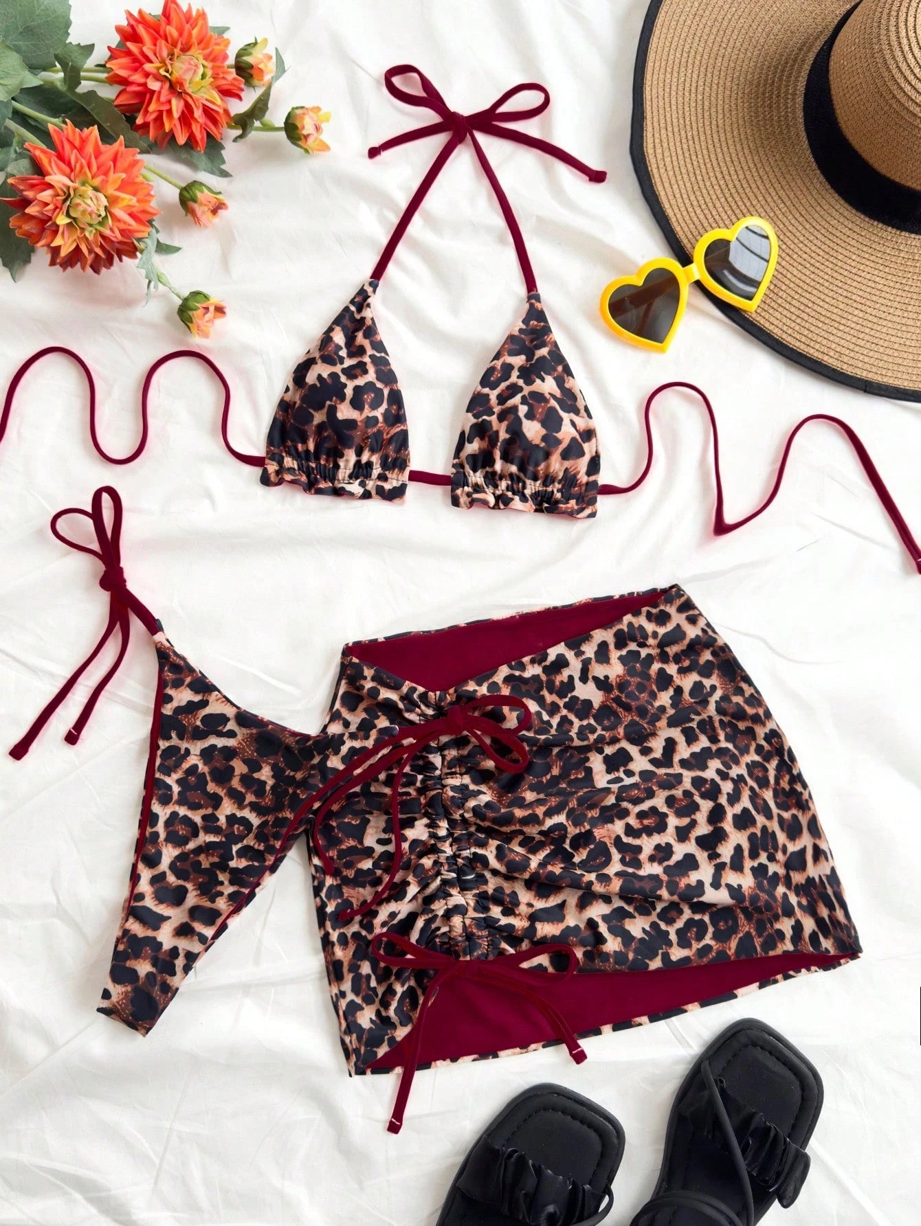 Soleia Plus Size Women Leopard Print Contrast Red Bikini 3 Pieces Set Bathing Suits For Women Swimsuits For Woman