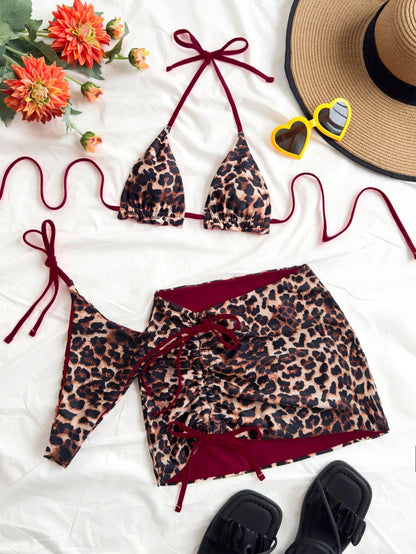 Soleia Plus Size Women Leopard Print Contrast Red Bikini 3 Pieces Set Bathing Suits For Women Swimsuits For Woman