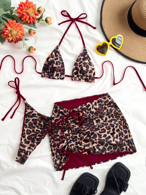 Soleia Plus Size Women Leopard Print Contrast Red Bikini 3 Pieces Set Bathing Suits For Women Swimsuits For Woman