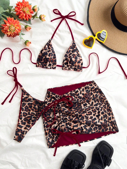 Soleia Plus Size Women Leopard Print Contrast Red Bikini 3 Pieces Set Bathing Suits For Women Swimsuits For Woman