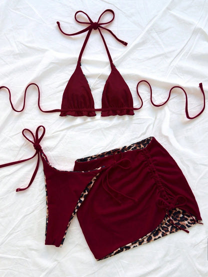 Soleia Plus Size Women Leopard Print Contrast Red Bikini 3 Pieces Set Bathing Suits For Women Swimsuits For Woman