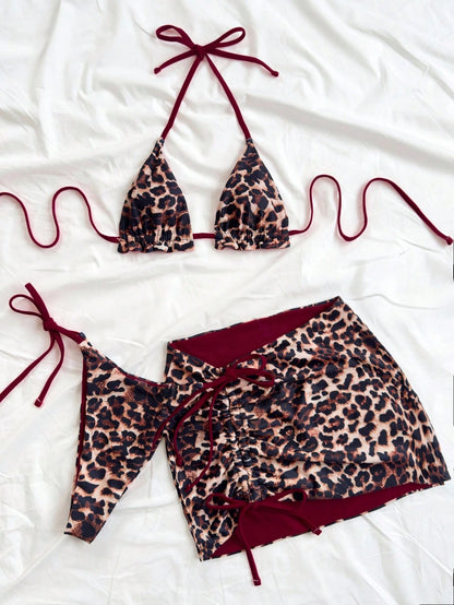 Soleia Plus Size Women Leopard Print Contrast Red Bikini 3 Pieces Set Bathing Suits For Women Swimsuits For Woman