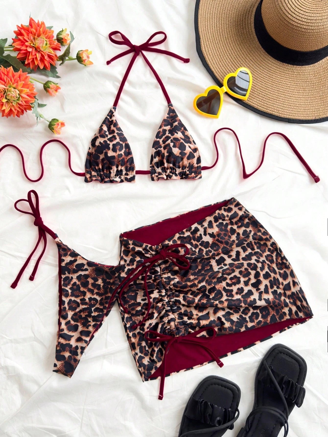 Soleia Plus Size Women Leopard Print Contrast Red Bikini 3 Pieces Set Bathing Suits For Women Swimsuits For Woman