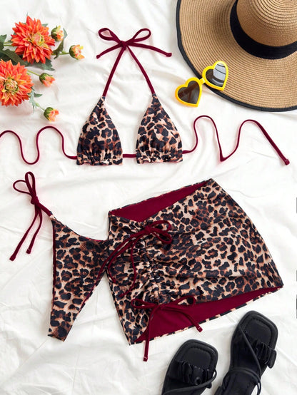 Soleia Plus Size Women Leopard Print Contrast Red Bikini 3 Pieces Set Bathing Suits For Women Swimsuits For Woman