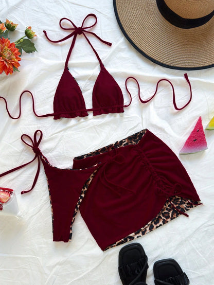 Soleia Plus Size Women Leopard Print Contrast Red Bikini 3 Pieces Set Bathing Suits For Women Swimsuits For Woman