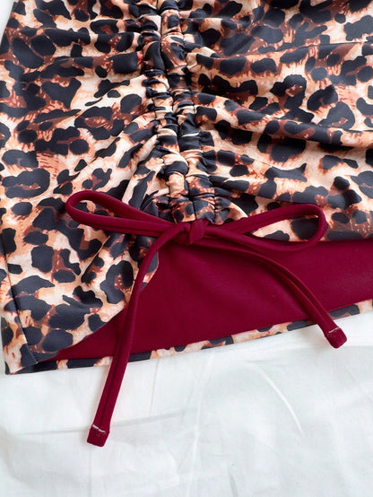 Soleia Plus Size Women Leopard Print Contrast Red Bikini 3 Pieces Set Bathing Suits For Women Swimsuits For Woman