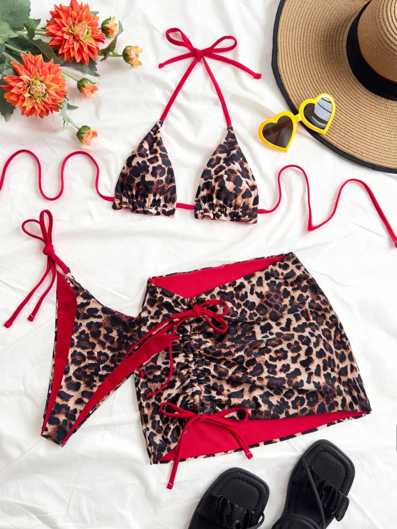 Soleia Plus Size Women Leopard Print Contrast Red Bikini 3 Pieces Set Bathing Suits For Women Swimsuits For Woman
