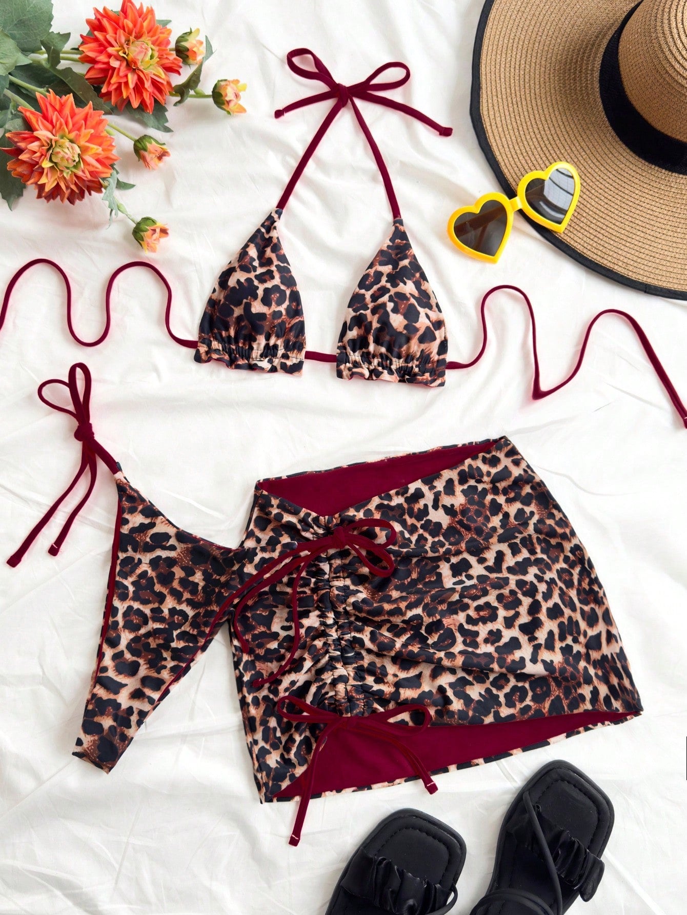 Soleia Plus Size Women Leopard Print Contrast Red Bikini 3 Pieces Set Bathing Suits For Women Swimsuits For Woman