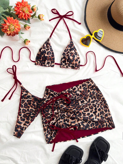Soleia Plus Size Women Leopard Print Contrast Red Bikini 3 Pieces Set Bathing Suits For Women Swimsuits For Woman