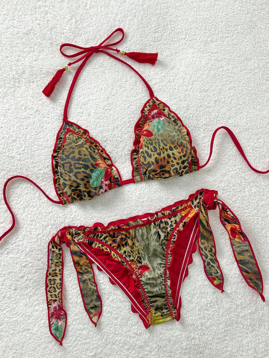 Soleia Plus Size Women Vintage Sexy Colorful Leopard, Zebra, Floral Print Frill Tie Front Tassel Decor Beach Vacation Bikini Set Summer