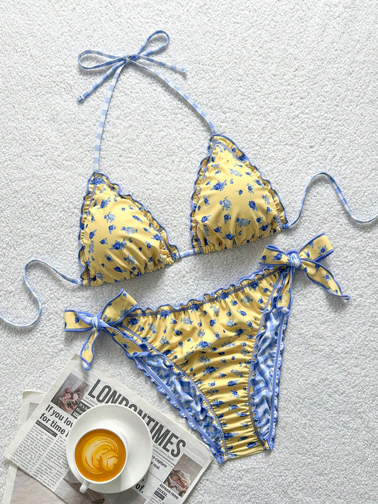 Soleia Plus Size Women Vintage Yellow Leopard, Zebra, Floral Print Ruffle Tie Front Tassel Decor Beach Bikini Set Summer