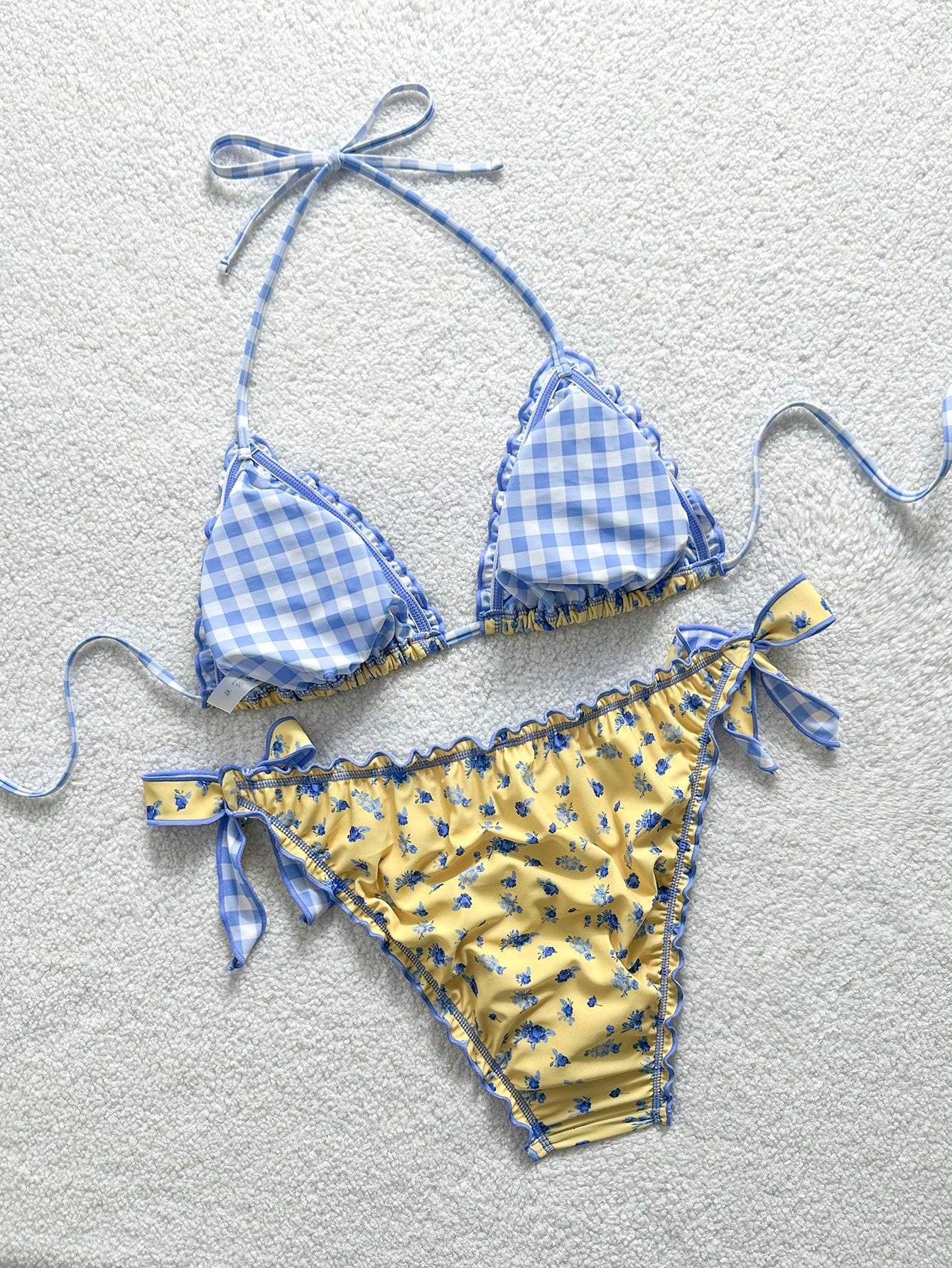 Soleia Plus Size Women Vintage Yellow Leopard, Zebra, Floral Print Ruffle Tie Front Tassel Decor Beach Bikini Set Summer