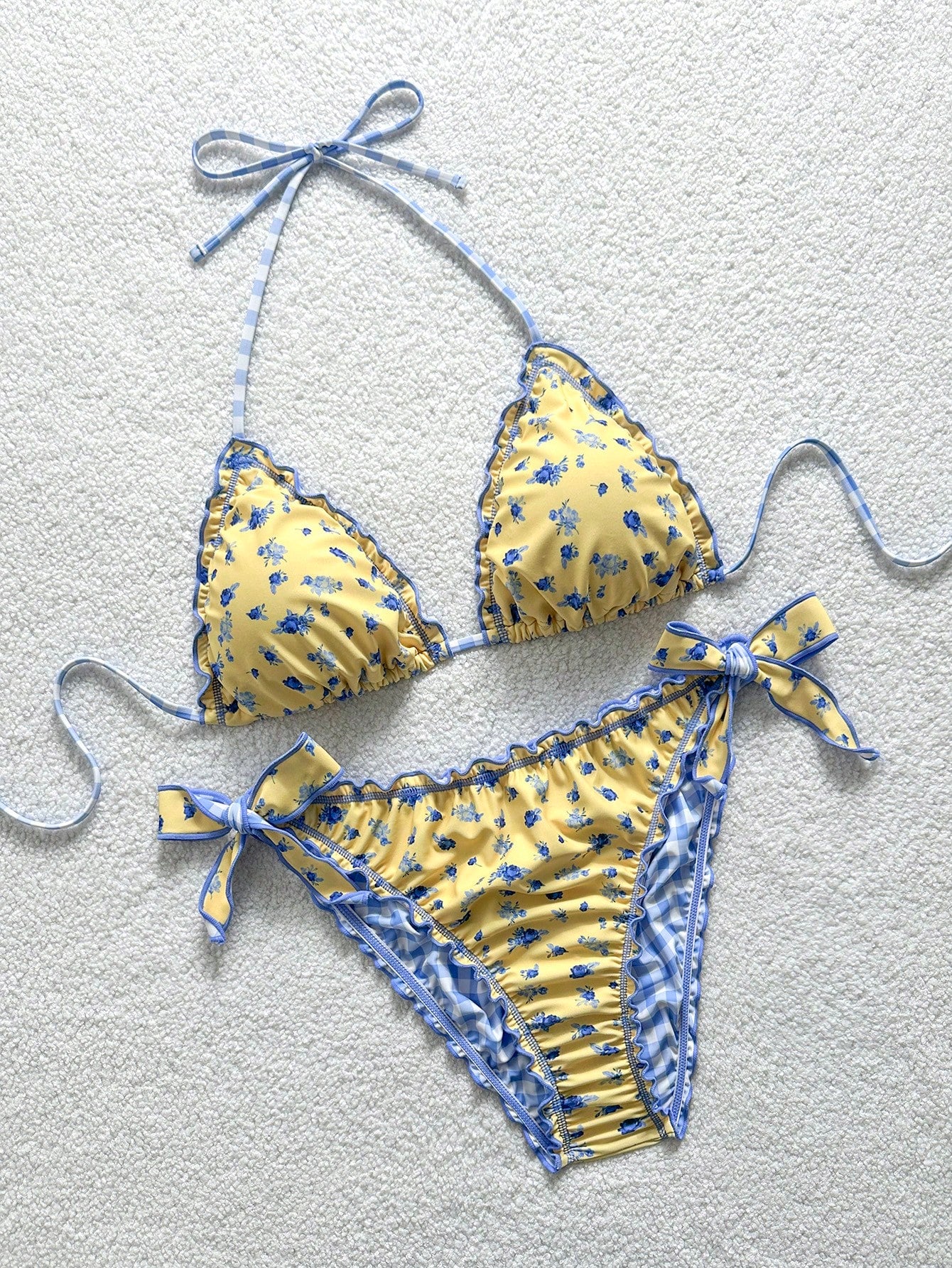 Soleia Plus Size Women Vintage Yellow Leopard, Zebra, Floral Print Ruffle Tie Front Tassel Decor Beach Bikini Set Summer