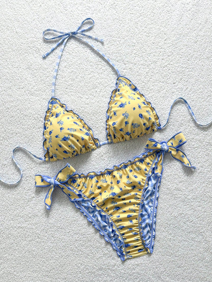 Soleia Plus Size Women Vintage Yellow Leopard, Zebra, Floral Print Ruffle Tie Front Tassel Decor Beach Bikini Set Summer