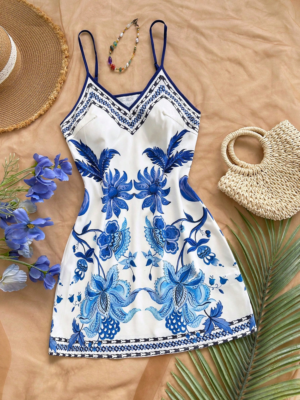 Soleia White And Blue Floral Summer Boho Holiday Vacation Holiday Beach Wedding Guest Dress,Tropical Print Mini Dress For Women,St. Patrick's Day Easter