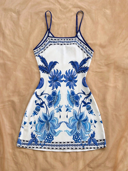 Soleia White And Blue Floral Summer Boho Holiday Vacation Holiday Beach Wedding Guest Dress,Tropical Print Mini Dress For Women,St. Patrick's Day Easter