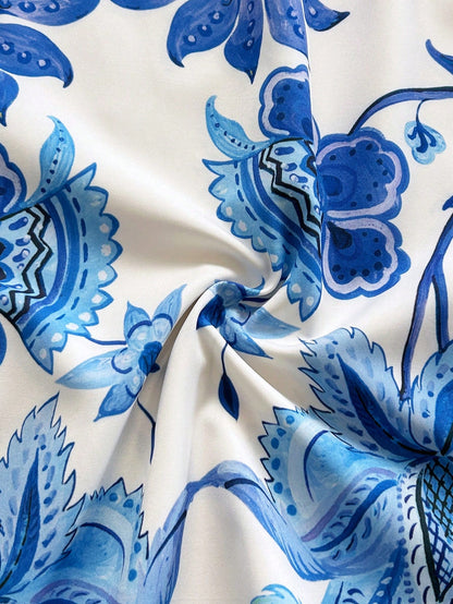 Soleia White And Blue Floral Summer Boho Holiday Vacation Holiday Beach Wedding Guest Dress,Tropical Print Mini Dress For Women,St. Patrick's Day Easter