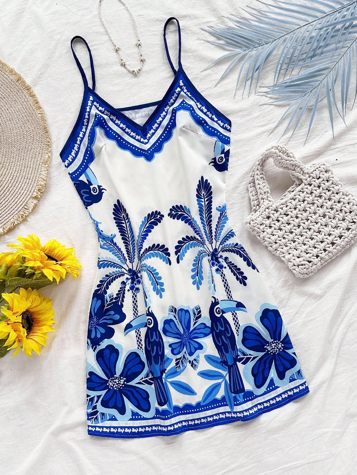 Soleia White And Blue Floral Summer Boho Holiday Vacation Holiday Beach Wedding Guest Dress,Tropical Print Mini Dress For Women,St. Patrick's Day Easter