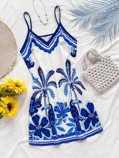 Soleia White And Blue Floral Summer Boho Holiday Vacation Holiday Beach Wedding Guest Dress,Tropical Print Mini Dress For Women,St. Patrick's Day Easter