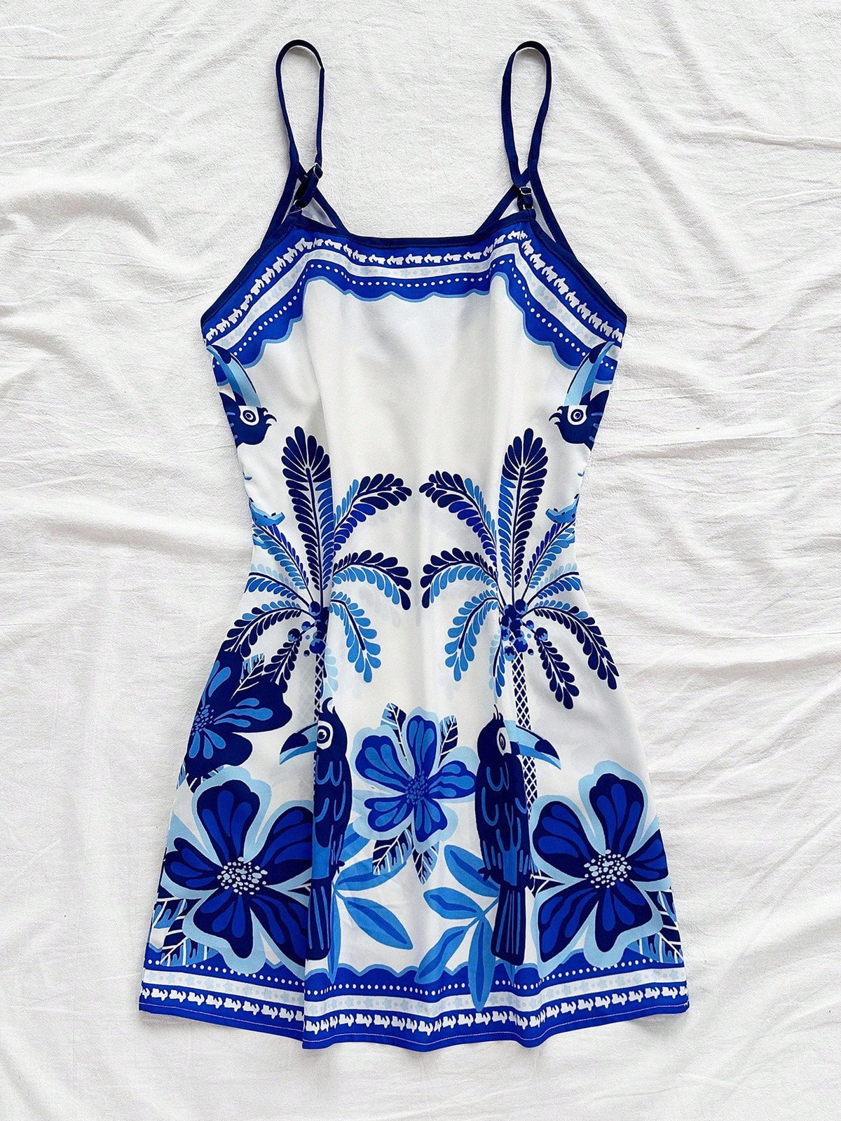 Soleia White And Blue Floral Summer Boho Holiday Vacation Holiday Beach Wedding Guest Dress,Tropical Print Mini Dress For Women,St. Patrick's Day Easter