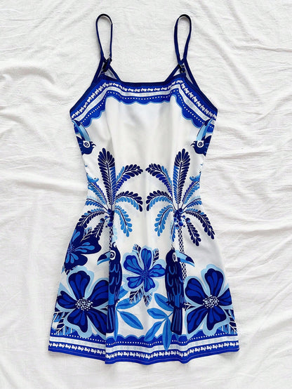 Soleia White And Blue Floral Summer Boho Holiday Vacation Holiday Beach Wedding Guest Dress,Tropical Print Mini Dress For Women,St. Patrick's Day Easter