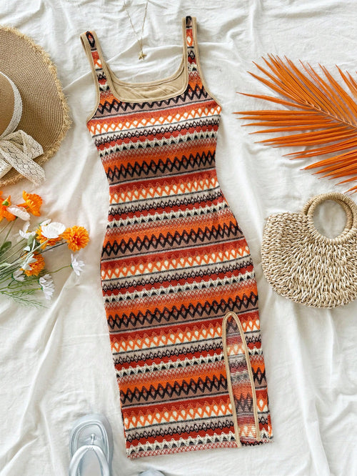 Soleia Women Casual Sexy Wave Striped Square Neck Slip Dress Spring Summer Outfits Boho Beach Vacation West Music Festival Holiday Date Night Burnt Orange