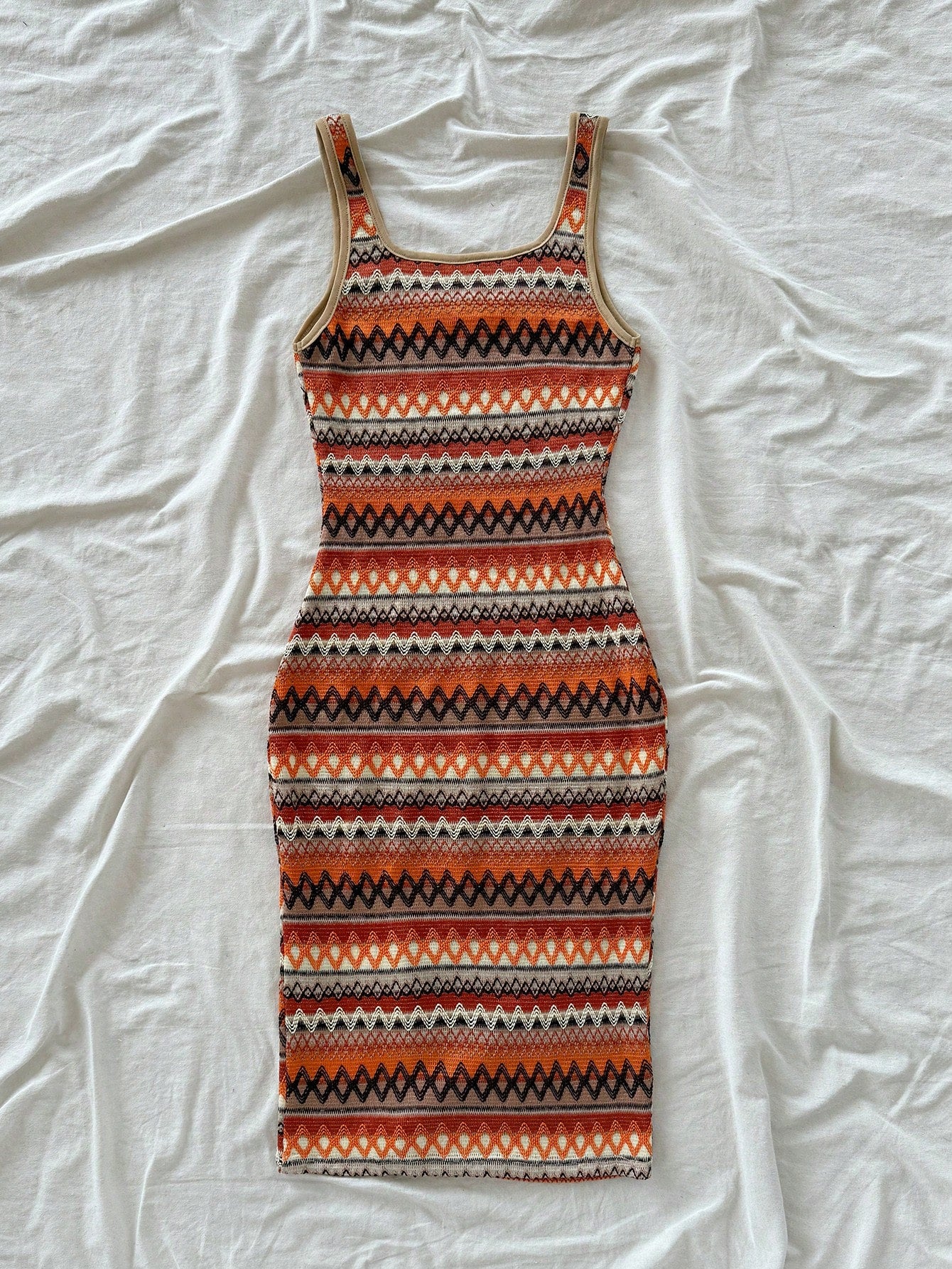 Soleia Women Casual Sexy Wave Striped Square Neck Slip Dress Spring Summer Outfits Boho Beach Vacation West Music Festival Holiday Date Night Burnt Orange