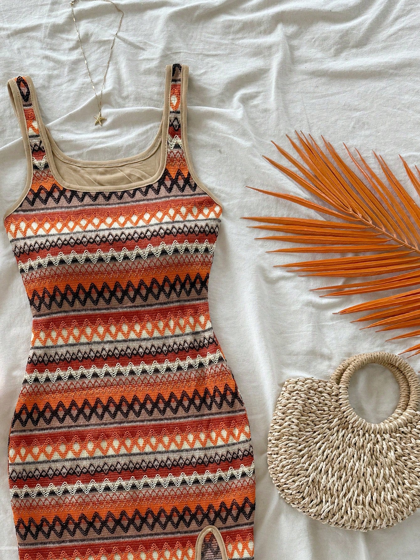 Soleia Women Casual Sexy Wave Striped Square Neck Slip Dress Spring Summer Outfits Boho Beach Vacation West Music Festival Holiday Date Night Burnt Orange