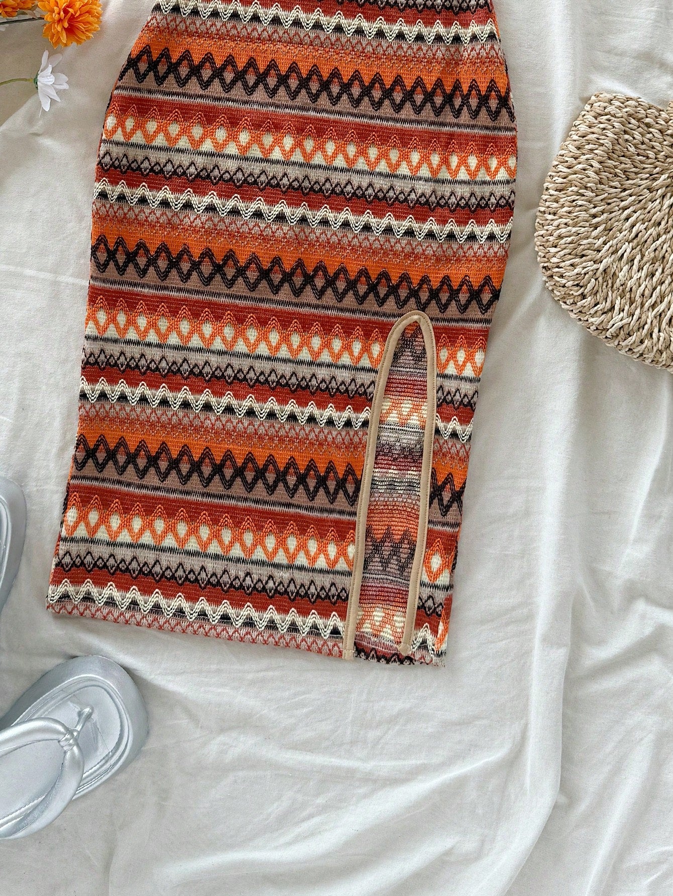 Soleia Women Casual Sexy Wave Striped Square Neck Slip Dress Spring Summer Outfits Boho Beach Vacation West Music Festival Holiday Date Night Burnt Orange