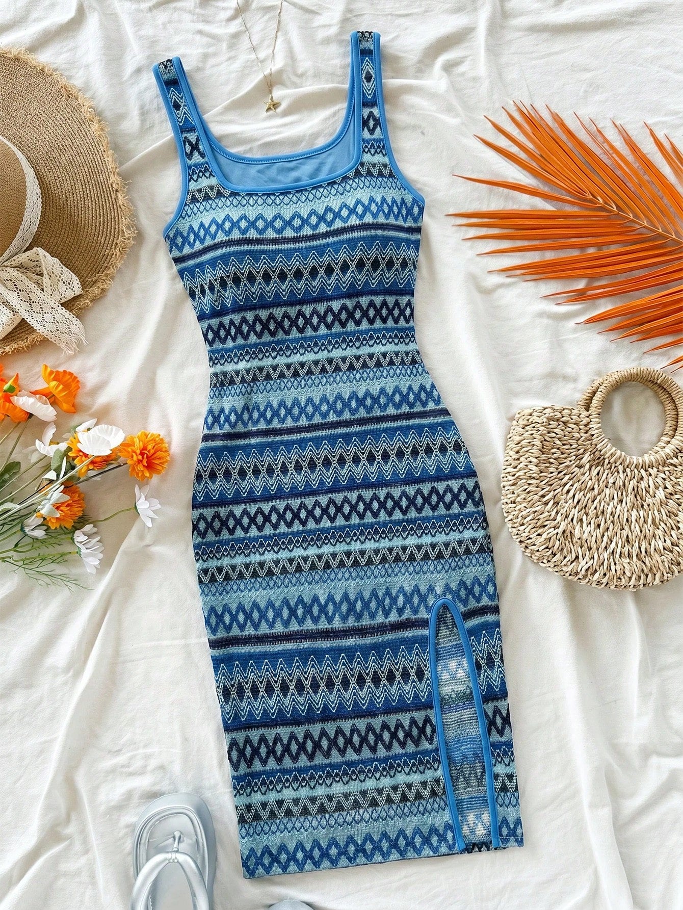 Soleia Women Casual Sexy Wave Striped Square Neck Slip Dress Spring Summer Outfits Boho Beach Vacation West Music Festival Holiday Date Night Burnt Orange