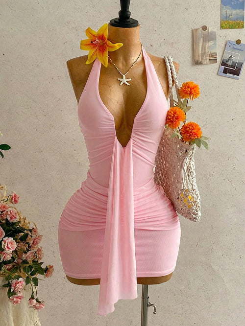 Soleia Women's Baby Pink Night Out Party V-Neck Halter Bow Tie Ruched Mini Dress,Casual Vacation Beach Cruise Resort Wear One Piece Dress No Chest Padding