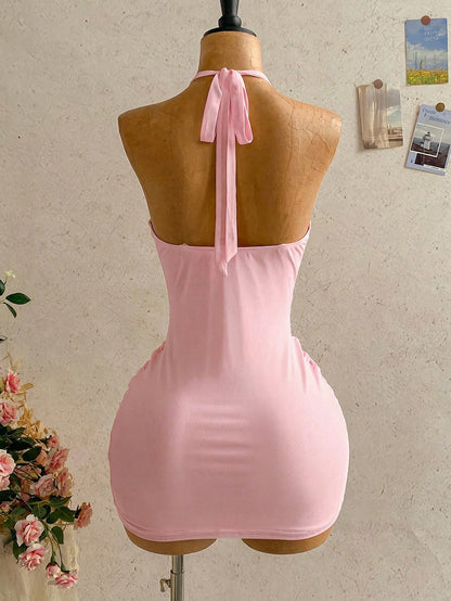 Soleia Women's Baby Pink Night Out Party V-Neck Halter Bow Tie Ruched Mini Dress,Casual Vacation Beach Cruise Resort Wear One Piece Dress No Chest Padding