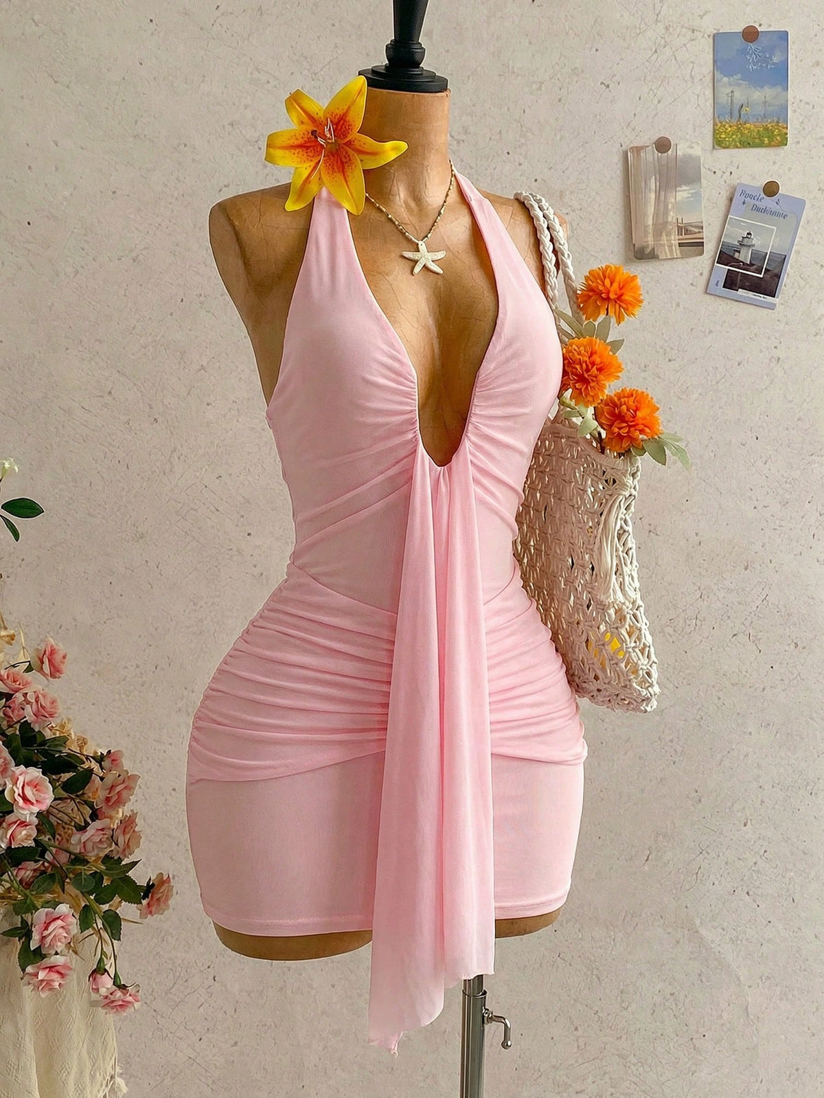 Soleia Women's Baby Pink Night Out Party V-Neck Halter Bow Tie Ruched Mini Dress,Casual Vacation Beach Cruise Resort Wear One Piece Dress No Chest Padding